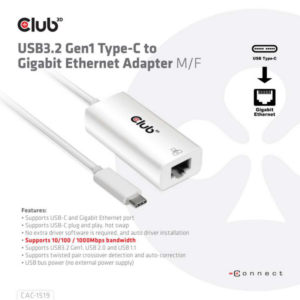 Club 3D USB 3.2 Gen2 Typ-C auf Gigabit Ethernet LAN Adapter 0