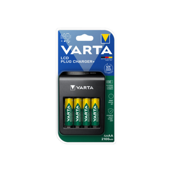 VARTA LCD Plug Charger + inkl. 4x Akku Mignon AA (2100 mAh) Universal Ladegerät