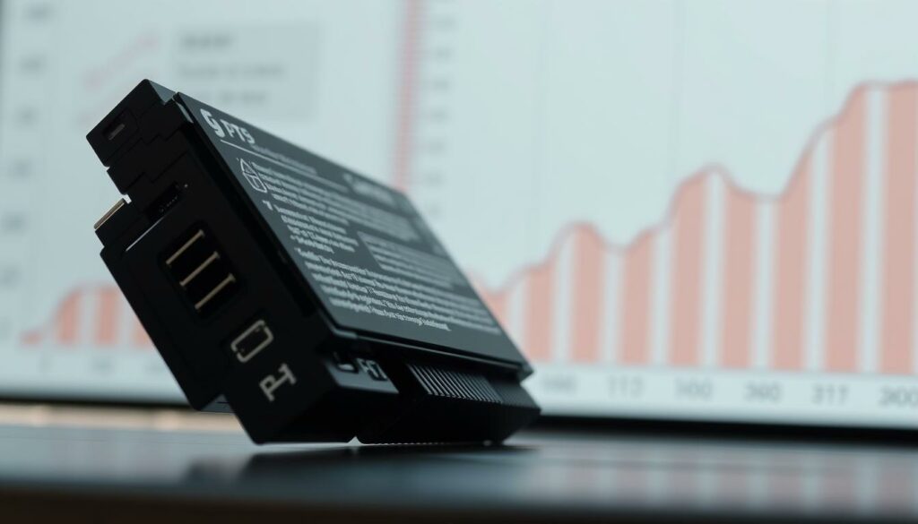 A detailed close-up of a laptop battery pack, showcased against a backdrop of a temperature graph. The battery pack is lit from the side, casting gentle shadows and highlights that accentuate its intricate circuitry and components. The temperature graph in the background is displayed in a minimalist, data-driven style, conveying the relationship between ambient temperature and battery performance. The overall mood is one of technical precision and scientific inquiry, inviting the viewer to explore the complex interplay between temperature and battery lifespan.