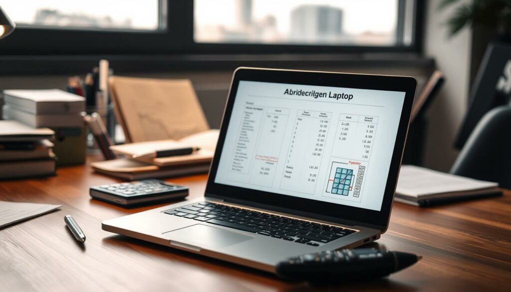 Laptop of a businessman, placed on a wooden office desk, with an accountant's pen and calculator nearby. The laptop screen displays financial calculations and tax-related documents. Soft, diffused lighting illuminates the scene, creating a professional and focused atmosphere. The laptop is positioned in the foreground, with a blurred background of office supplies and a window overlooking a cityscape. The overall composition conveys the concept of "Abschreibung Laptop" - the ability to deduct the cost of a laptop as a business expense for tax purposes.